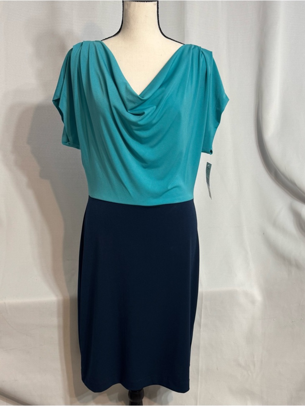 Sharagano's Teal and Navy Drape Neck Sheath Dress Woman's-4